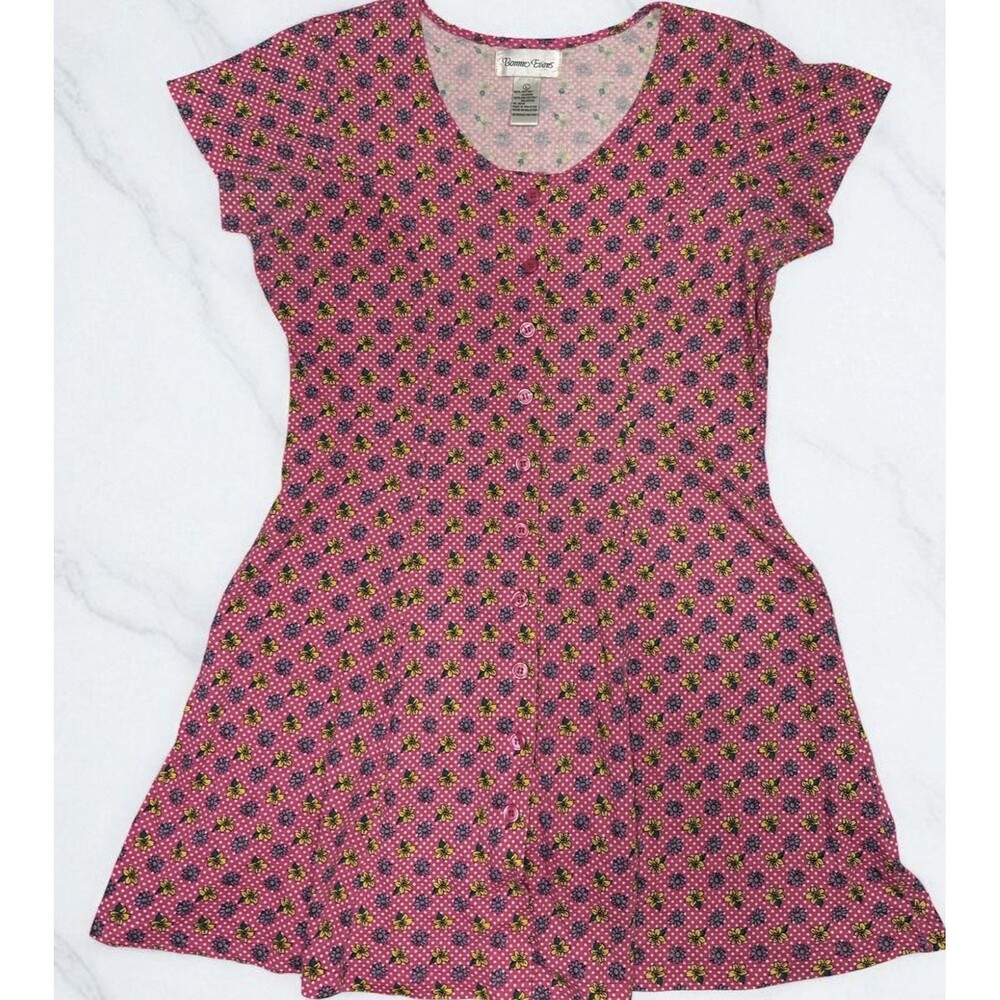 Vintage Bonnie Evans Pink Floral Fit & Flare Dress Size L Full Button Front